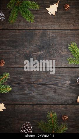 Tavolo in legno rustico con rami e decorazioni natalizie, vista dall'alto, con uno spazio vuoto per un saluto o un messaggio festivo Foto Stock