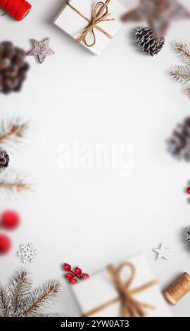 Decorazioni natalizie rustiche in semplici tonalità di rosso e bianco su sfondo bianco verticale, con uno spazio vuoto per messaggi di testo o festivi Foto Stock