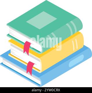 Libri colorati impilati con segnalibri simboleggiano la gioia della lettura, promuovendo l'apprendimento e incoraggiando l'esplorazione di una varietà di argomenti e idee Illustrazione Vettoriale