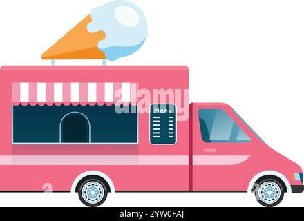 Vivace gelateria rosa con un menu e un grande cono di gelato sul tetto, invitando i clienti a concedersi dolci in una giornata di sole Illustrazione Vettoriale