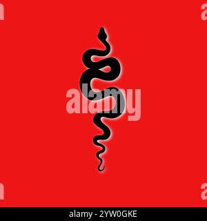 Serpente per tatuaggi su sfondo rosso. Inchiostro a punti nero tradizionale. Inchiostro tradizionale tatuaggio Old School. Illustrazione della silhouette del serpente. Foto Stock