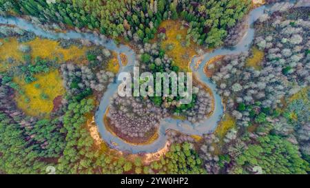 Scarpata ripida e anelli del fiume Ula, forma del cuore, dall'alto, all'inizio dell'inverno, vicino al villaggio di Ziurai, Lituania. Parco nazionale di Dzukija Foto Stock