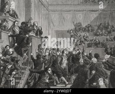 Rivoluzione francese. Reazione termidoriana. Il colpo di Stato del 9 Thermidor anno II il 27 luglio 1794, Robespierre pronunciò il suo discorso alla Convenzione Nazionale sotto le grida dei Termidori. Il 9 termidore alla Convenzione. Incisione. Storia Foto Stock