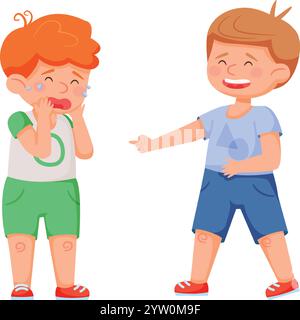 Bambino in età prescolare ridendo e indicando un altro ragazzo che copre il suo viso in lacrime, evidenziando conflitti, scherzi ed emozioni negative in un ambiente scolastico Illustrazione Vettoriale