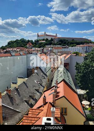 Vista panoramica del Castello di Bratislava con vista sui tetti storici e sul cielo blu Foto Stock