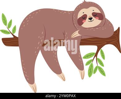 L'affascinante illustrazione dei cartoni animati presenta un bradipo rilassato che dorme profondamente su un ramo d'albero, circondato da lussureggianti foglie verdi, che trasmettono tranquillità e bellezza della natura Illustrazione Vettoriale