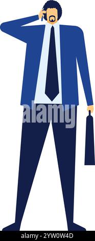 L'uomo d'affari sta tenendo in mano una valigetta mentre parla al telefono cellulare, trasmettendo un senso di professionalità, mobilità e comunicazione moderna nel mondo aziendale Illustrazione Vettoriale