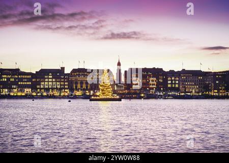 Blick über die Binnenalster zum Jungfernstieg mit Alstertanne, Michel, Weihnachtsmarkt und Weihnachtsdekoration ad Amburgo, Deutschland, Europa *** Vista sul Binnenalster al Jungfernstieg con abete di Alster, Michel, mercato di Natale e decorazioni natalizie ad Amburgo, Germania, Europa Foto Stock