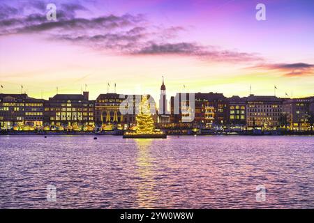 Blick über die Binnenalster zum Jungfernstieg mit Alstertanne, Michel, Weihnachtsmarkt und Weihnachtsdekoration ad Amburgo, Deutschland, Europa *** Vista sul Binnenalster al Jungfernstieg con abete di Alster, Michel, mercato di Natale e decorazioni natalizie ad Amburgo, Germania, Europa Foto Stock