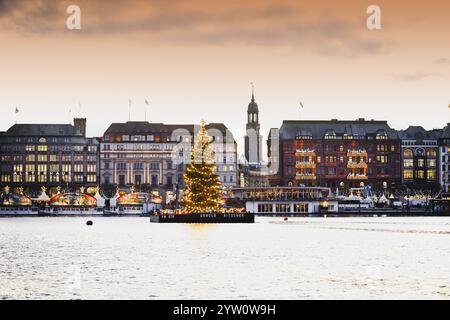 Blick über die Binnenalster zum Jungfernstieg mit Alstertanne, Michel, Weihnachtsmarkt und Weihnachtsdekoration ad Amburgo, Deutschland, Europa *** Vista sul Binnenalster al Jungfernstieg con abete di Alster, Michel, mercato di Natale e decorazioni natalizie ad Amburgo, Germania, Europa Foto Stock