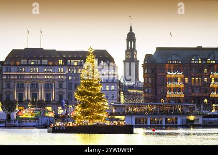 Blick über die Binnenalster zum Jungfernstieg mit Alstertanne, Michel, Weihnachtsmarkt und Weihnachtsdekoration ad Amburgo, Deutschland, Europa *** Vista sul Binnenalster al Jungfernstieg con abete di Alster, Michel, mercato di Natale e decorazioni natalizie ad Amburgo, Germania, Europa Foto Stock