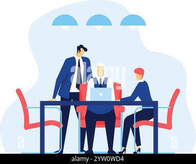 Team aziendale che collabora a un progetto, utilizza un notebook in una moderna sala riunioni di ufficio, discute di strategie e analizza i dati per un lavoro di squadra efficace e risultati di successo Illustrazione Vettoriale