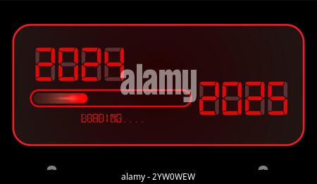 Felice orologio digitale anno nuovo 2025. 2024 caricamento fino a 2025. Time style digitale LED neon rosso. Barra di avanzamento quasi giunta alla vigilia di Capodanno. Vettore Illustrazione Vettoriale