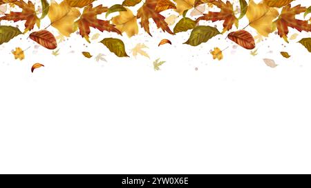 Foglie autunnali fluttuanti. Elegante scheda orizzontale. Foglie di acero e betulla volanti isolate su sfondo bianco. Illustrazione acquerello in digi Foto Stock