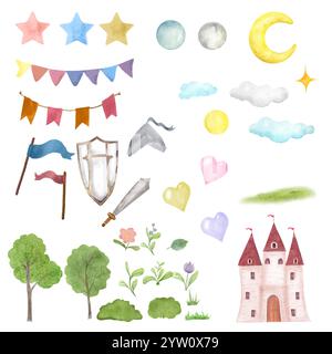 Castello magico e alberi carini in un set per bambini. Le bandiere battono nel vento, una spada accanto a uno scudo. Illustrazione in acquerello in digitale. Sole nel c Foto Stock