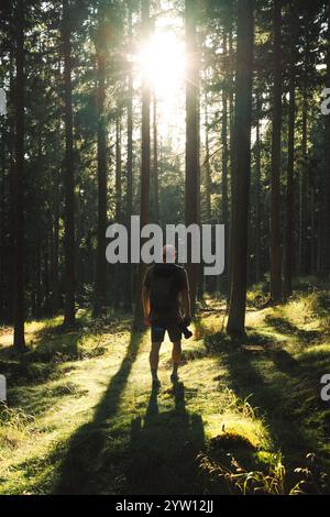 Un uomo sta passeggiando piacevolmente attraverso una splendida foresta, dove il sole splende luminoso e filtra tra i lussureggianti alberi verdi Foto Stock