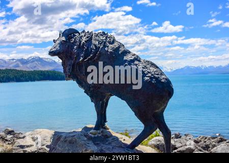 Statua del tahr sulla riva del lago Pukaki (Pūkaki) e delle Alpi meridionali, Canterbury, Isola del Sud, nuova Zelanda Foto Stock