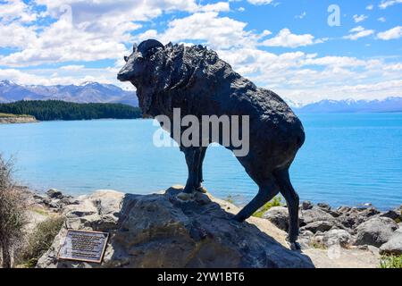 Statua del tahr sulla riva del lago Pukaki (Pūkaki) e delle Alpi meridionali, Canterbury, Isola del Sud, nuova Zelanda Foto Stock