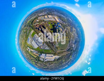 Vista aerea, stabilimento della fabbrica di acciaio thyssenkrupp, area industriale Westfalenhütte, sopra il centro logistico con Amazon, globo, immagine fisheye, 360 gradi Foto Stock