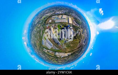 Vista aerea, stabilimento della fabbrica di acciaio thyssenkrupp, area industriale Westfalenhütte, globo terrestre, immagine fisheye, immagine a 360 gradi, piccolo mondo, piccolo pla Foto Stock