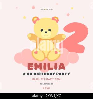 Invito alla festa di compleanno dei bambini con un simpatico orsacchiotto e un numero. Festeggiamenti per il secondo compleanno. Modello biglietto d'auguri per bambini. Illustrazione vettoriale. Illustrazione Vettoriale