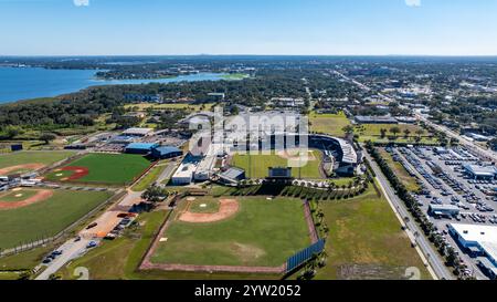 Lakeland, Florida, Stati Uniti d'America - 7 dicembre 2024: Vista aerea pomeridiana del Publix Field al Joker Marchant Stadium, allenamento primaverile dei Detroit Tigers, Lakeland, Florida. Foto Stock