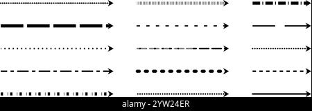 Collezione di frecce dritte e sottili. Serie di frecce tratteggiate lunghe nere. Pacchetto di elementi a strisce tratteggiate lineari per opuscoli, poster, brochure, opuscoli, banner. Puntatori di schizzo Doodle o linee di direzione. Vettore Illustrazione Vettoriale