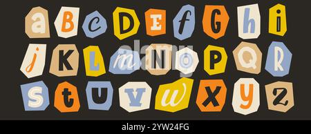 Ritagliare la raccolta di alfabeti cartacei. Collage di lettere colorato diverso. Grazioso set di elementi di carattere doodle artigianali per decorazione, poster, striscioni, stampa. Divertente riscatto ricatto in stile abc pack. Vettore Illustrazione Vettoriale