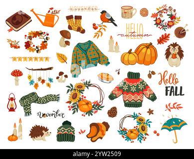 Bell'autunno. Salve, vacanze autunnali. Ombrello di zucca raccolto in ottobre. Maglione a maglia caldo di novembre. Una candela accogliente. Foglie autunnali. Hedgehog A. Illustrazione Vettoriale