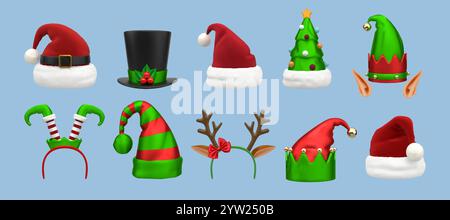 Orecchio dell'elfo. Fascia per renne natalizie, costume Babbo Natale in 3d con naso rosso e berretto degli elfi natalizi. Rendering di elementi in costume di carnevale isolati dai cartoni animati. Festa di Natale Illustrazione Vettoriale