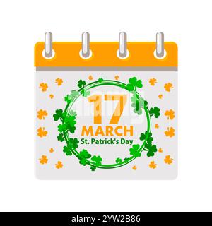 Calendario con St. Patricks Day, data 17 marzo in cordoncino per biglietti d'auguri, adesivi, design, stampa o invito Illustrazione Vettoriale