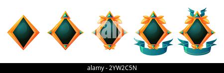 Distintivi per classifiche di gioco con centri verdi scuri e cornice dorata con elementi floreali geometrici decorativi, pietre preziose e nastri. Fasi di avanzamento delle etichette fantasy per i livelli gui o la progettazione dei risultati. Illustrazione Vettoriale