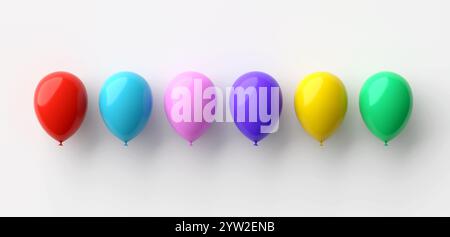 Sei palloncini colorati fluttuano su uno sfondo bianco, perfetti per aggiungere un tocco di divertimento e festività a qualsiasi progetto. Rendering 3D. Foto Stock