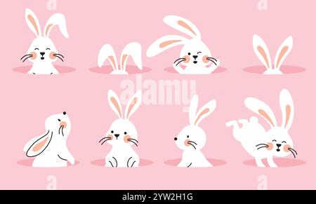 Set di disegno clipart Bunny easter. Collezione di personaggi dei cartoni animati di coniglio pasquale in posa, saltellando e nascondendo all'interno del buco per la caccia all'uovo Illustrazione Vettoriale