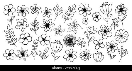 Set di clipart disegno con contorno molla floreale. Schizzo di clipart piatta dei fiori primaverili in una collezione di colori in bianco e nero. Contorno floreale dell'illustrazione vettoriale Illustrazione Vettoriale