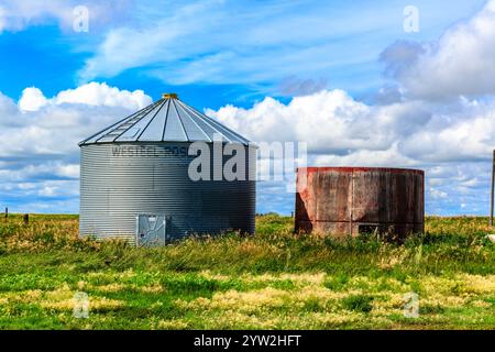 Un grande silo metallico si trova in un campo accanto a un silo metallico più piccolo e arrugginito. Il cielo è nuvoloso, ma il sole splende ancora attraverso le nuvole. La scena Foto Stock