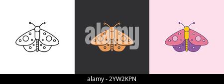 Set di icone del vettore della falena a farfalla. Modello con logo nero e colorato Illustrazione Vettoriale
