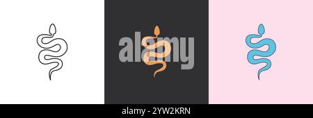 Set di icone vettoriali serpenti. Modello con logo nero e colorato Illustrazione Vettoriale