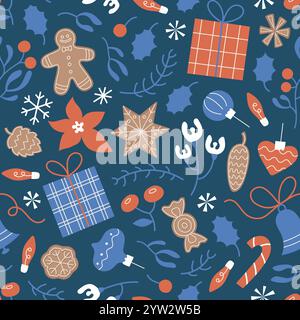 Motivo senza cuciture con regali, lecca-lecca, caramelle, palline, baule, biscotti al pan di zenzero. Graziosa sfondo invernale con motivi floreali vintage. Illustrazione Vettoriale