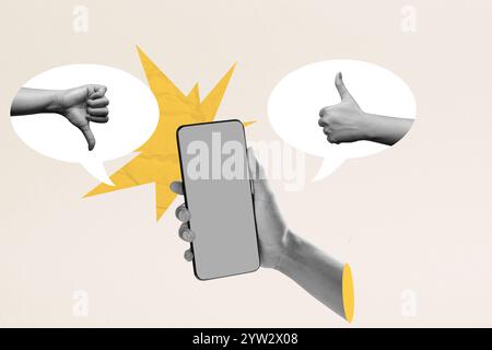 Una mano umana che tiene in mano un telefono cellulare con due lati tra i gesti del pollice verso l'alto e verso il basso su uno sfondo colorato. Copia spazio. Mockup. Arte collage Foto Stock