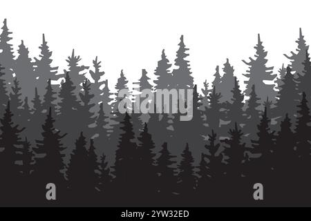 Silhouette forestale a strati. I pini sono sfumati. Vista vettoriale del bosco. Illustrazione della natura all'aperto. Illustrazione Vettoriale