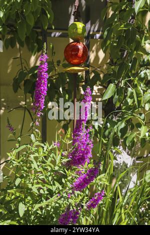 Garden Hotel and Restaurant Schloss Haigerloch, artigianato, piccola scultura, astratto, decorazione del giardino, accessorio, fiori, fiori rosa, Haiger Foto Stock