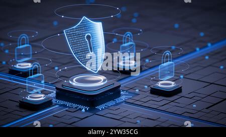 La sicurezza informatica garantisce la protezione dei dati su Internet. Crittografia dei dati, firewall, rete crittografata, VPN, accesso sicuro e autenticazione per difendersi Foto Stock
