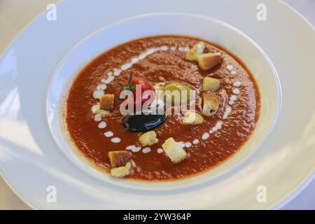 Ristorante Schloss Haigerloch, Gazpacho, zuppa di verdure spagnole fredde, pomodori e peperoni rossi, olive, crostini, piatto di zuppe, vegetariano, healt Foto Stock