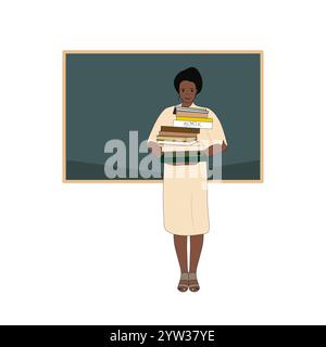 Una maestra afroamericana tiene una pila di libri in classe vicino alla lavagna. Istruzione, lezioni e lezioni a scuola o università. Illustrazione Vettoriale