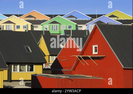 Case, Ilulissat, Disko Bay, costa occidentale, Groenlandia, Jakobshavn, Nord America Foto Stock