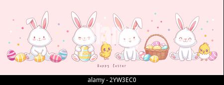 Collezione di simpatici conigli pasquali in stile doodle. Personaggi cartoni animati di coniglietti felici coppie con uova di Pasqua, polli, fiori. Kawaii hares per E. Illustrazione Vettoriale