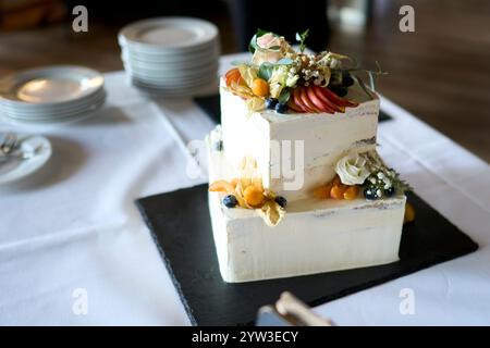 Una torta nuziale a tre piani decorata con fiori freschi e frutta su una tavola di ardesia, pronta per essere servita al ricevimento di Dresda, Germania Foto Stock