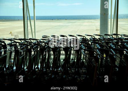 File di carrelli neri vuoti di fronte a una grande finestra che si affaccia su una pista dell'aeroporto sotto un cielo azzurro, Fuerteventura, Spagna Foto Stock