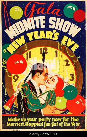 Poster di Capodanno degli anni '1930 che mostra una coppia in un abbraccio, che sta per baciare - "fai la tua festa ora per il più felice Fun-fest dell'anno". Foto Stock